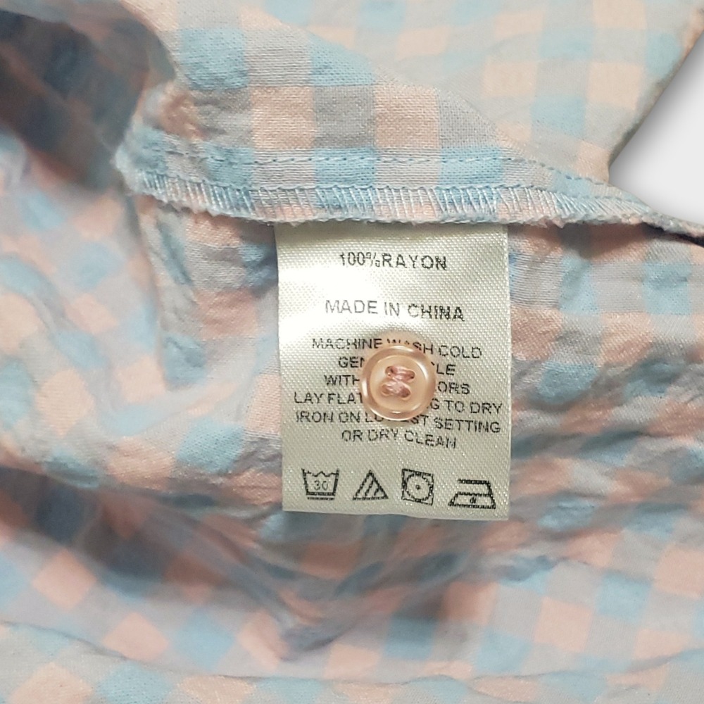 The Shirt Rochelle Behrens Drop Waist Peplum Dress Crinkled Gingham Pink Blue XS - Picture 7 of 11